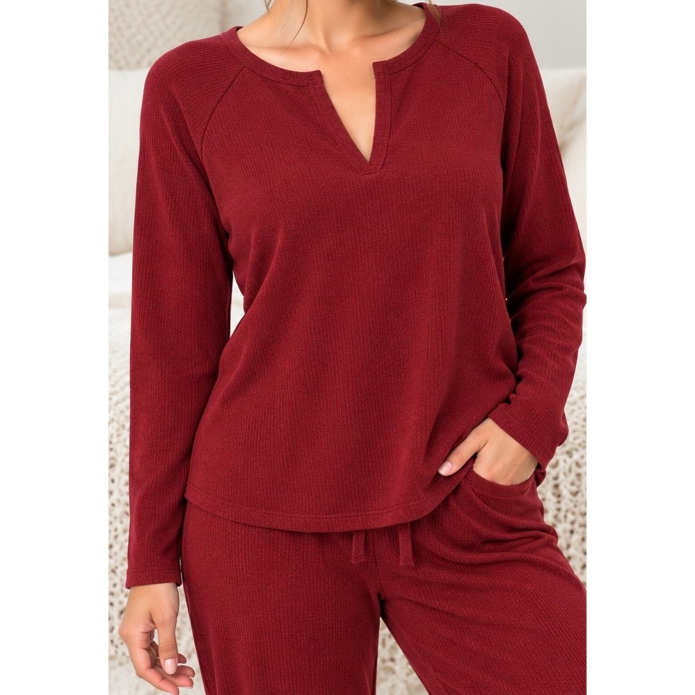 Womens Burgundy Red Ribbed Long Sleeve Pajama Top Split Neck Lounge Shirt